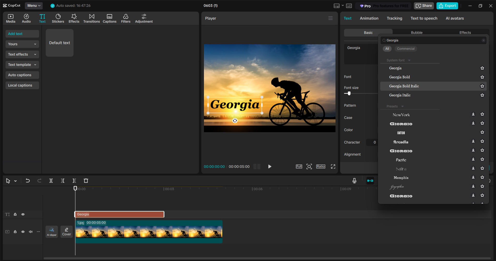 Interface of the CapCut desktop video editor - an easy way to use Georgia fonts in videos