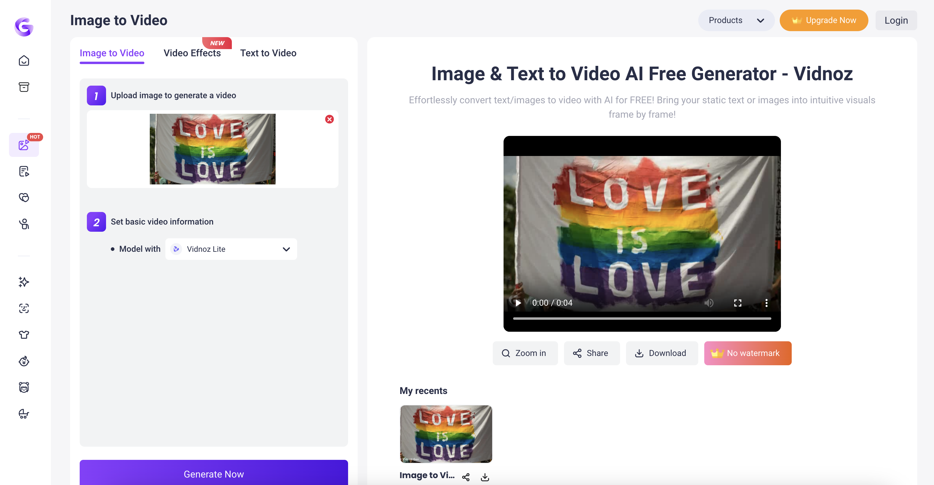 Giao diện AI của Vidnoz