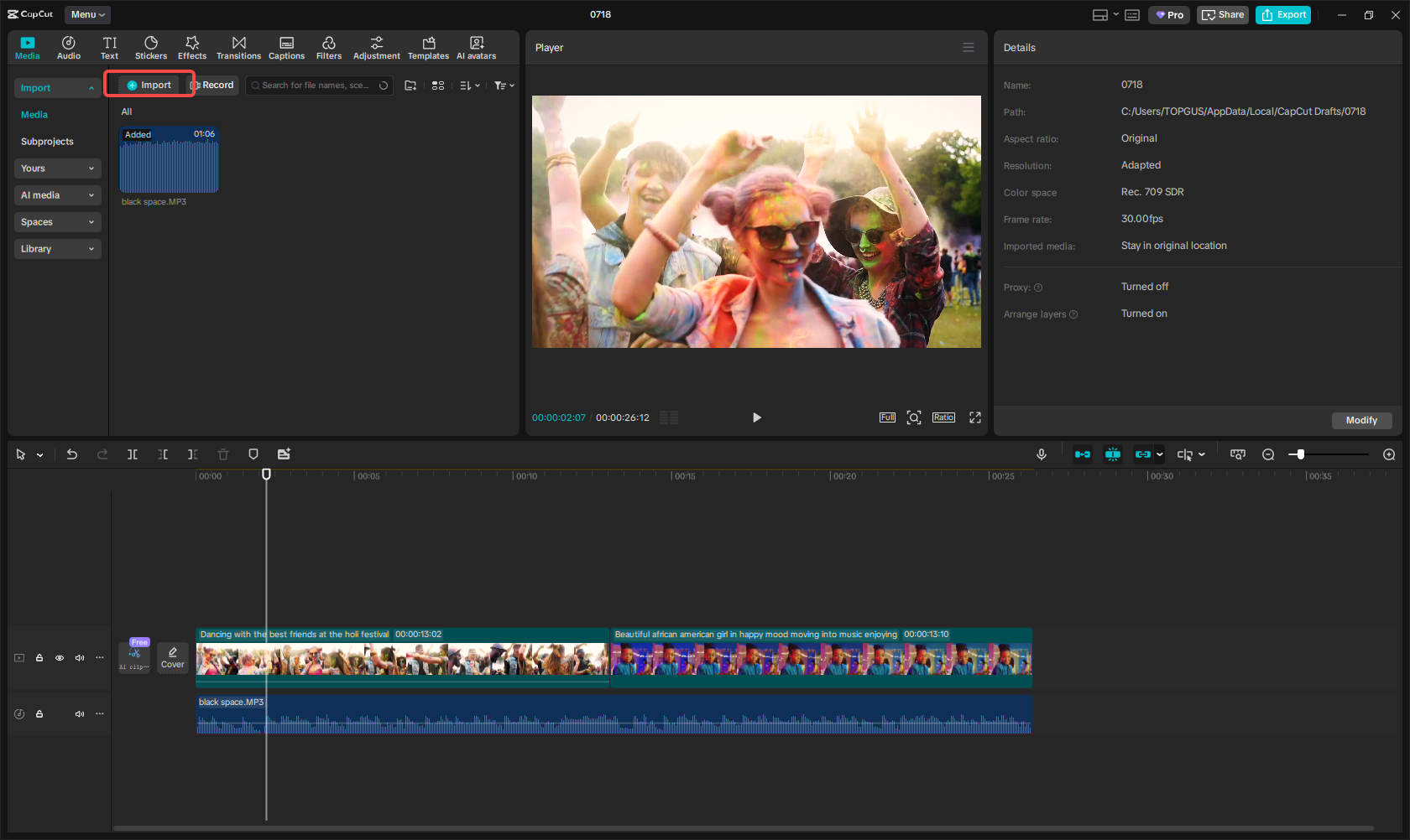 Import video and audio to CapCut