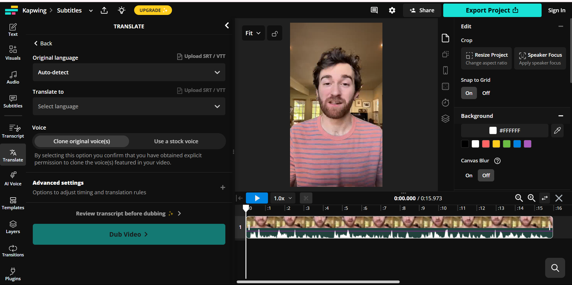 Interface of Kapwing - a reliable AI video lip sync
