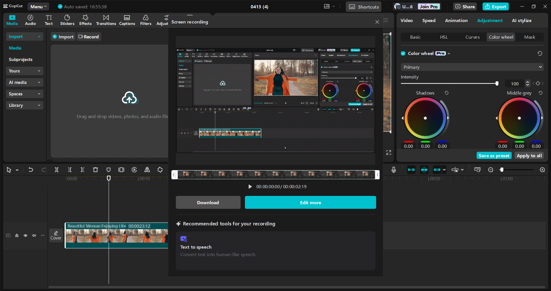 Interface of the CapCut desktop video editor - the best screen recorder for YouTube videos