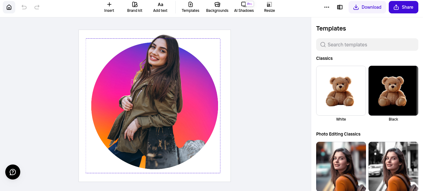 PhotoRoom é uma ferramenta baseada na web, permitindo aos usuários gerar fotos circulares de perfil