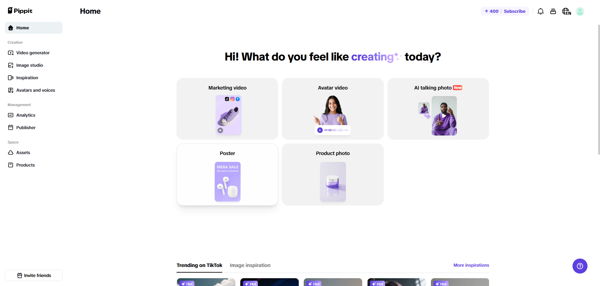 Página de inicio de Pippit