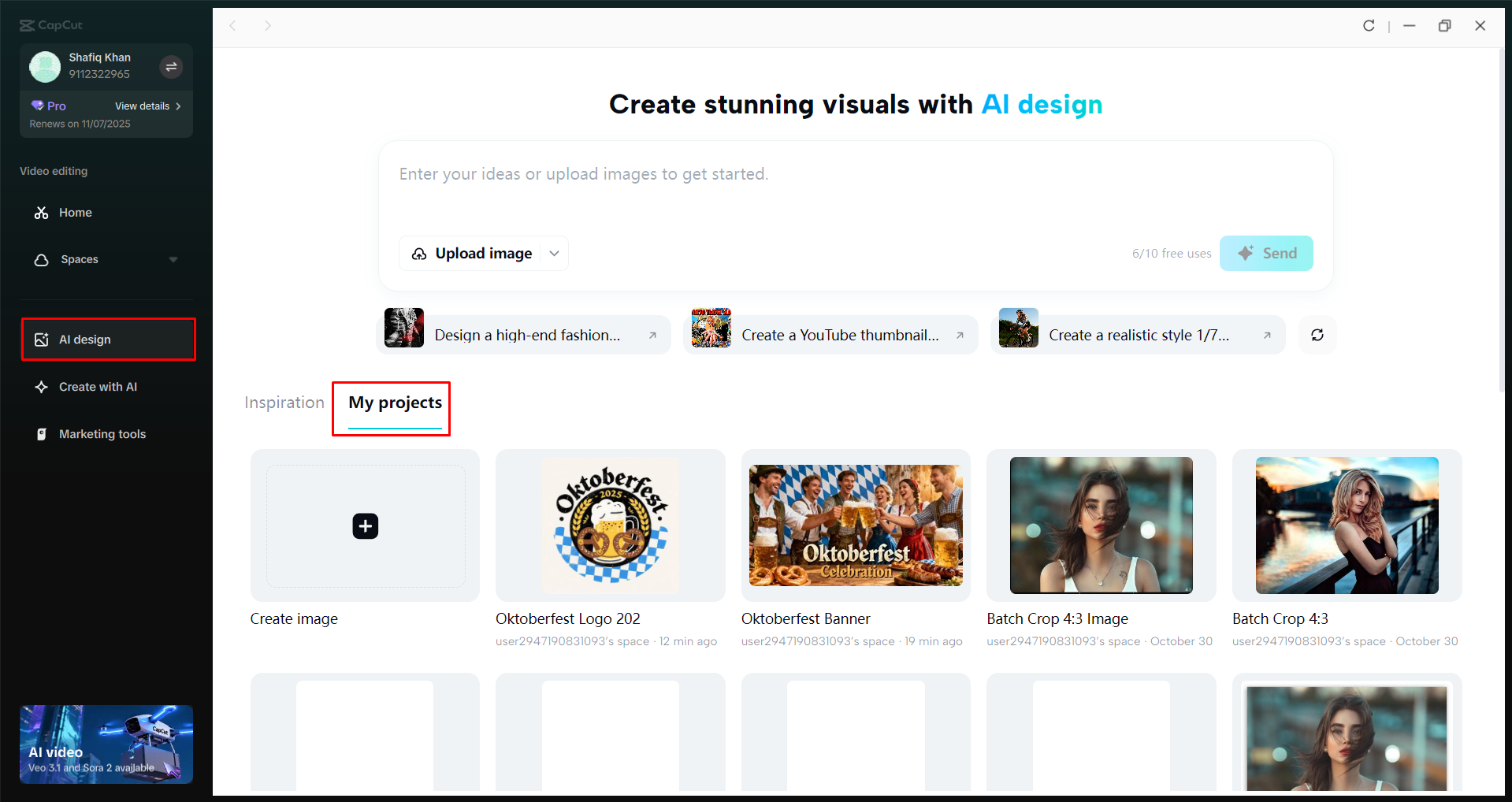 Accessing the AI design tool in the CapCut desktop video editor