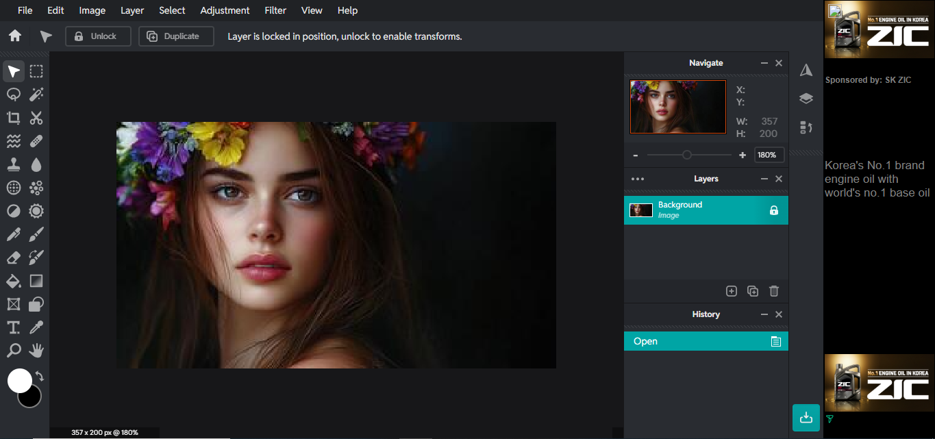 Interface de Pixlr - un nettoyeur de visage et un éditeur de photos en ligne avancés