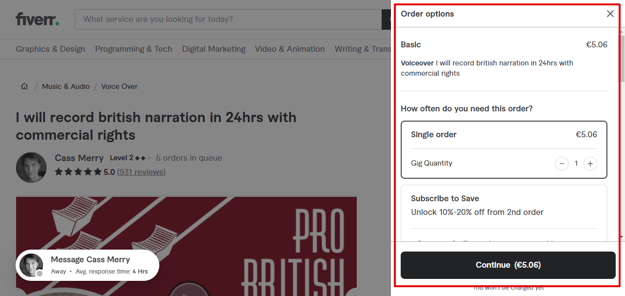 placing order on fiverr and submitting British voice details