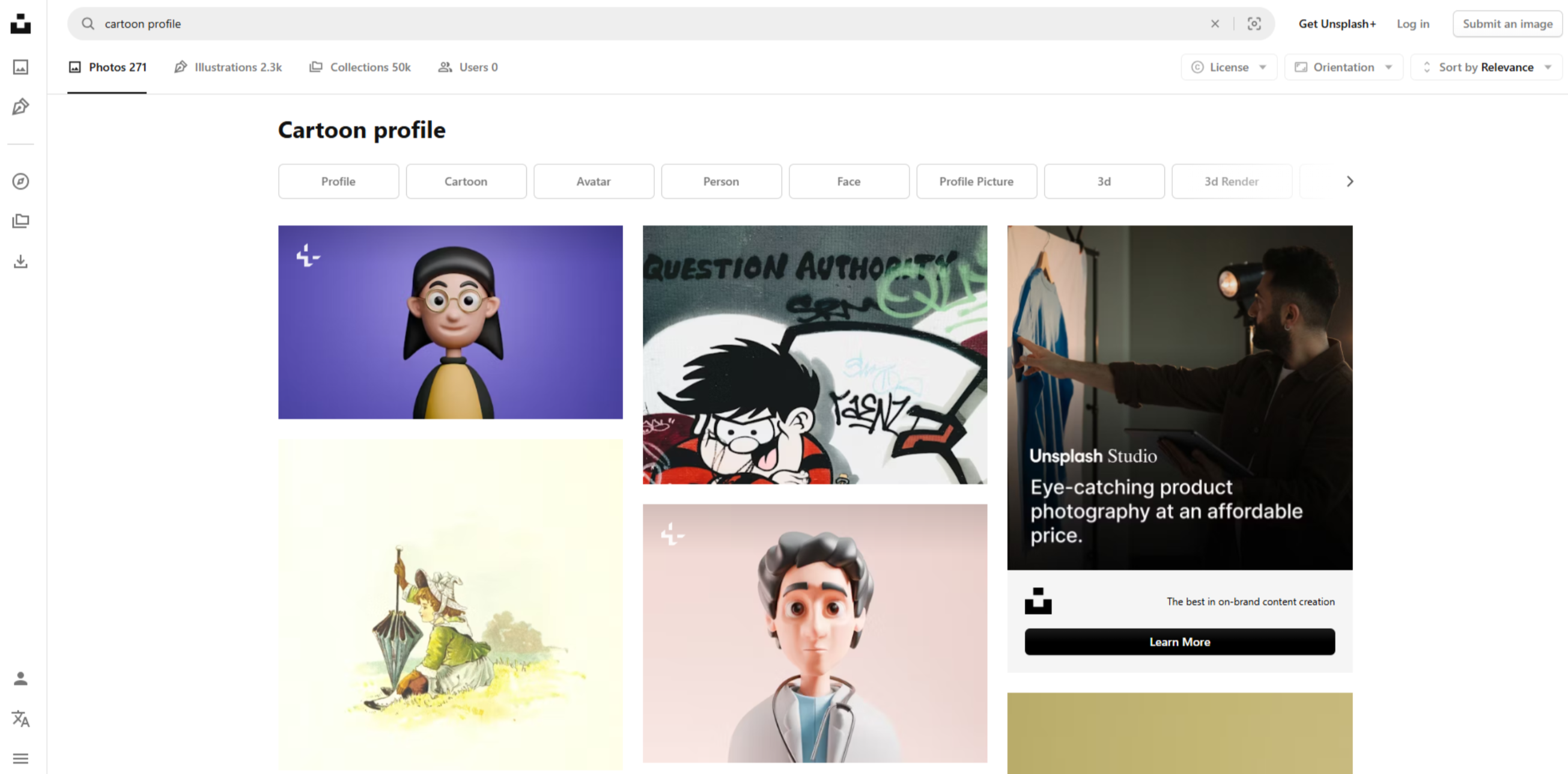 Interfaccia di Unsplash - un sito con diversi profili illustrati in stile cartone animato.