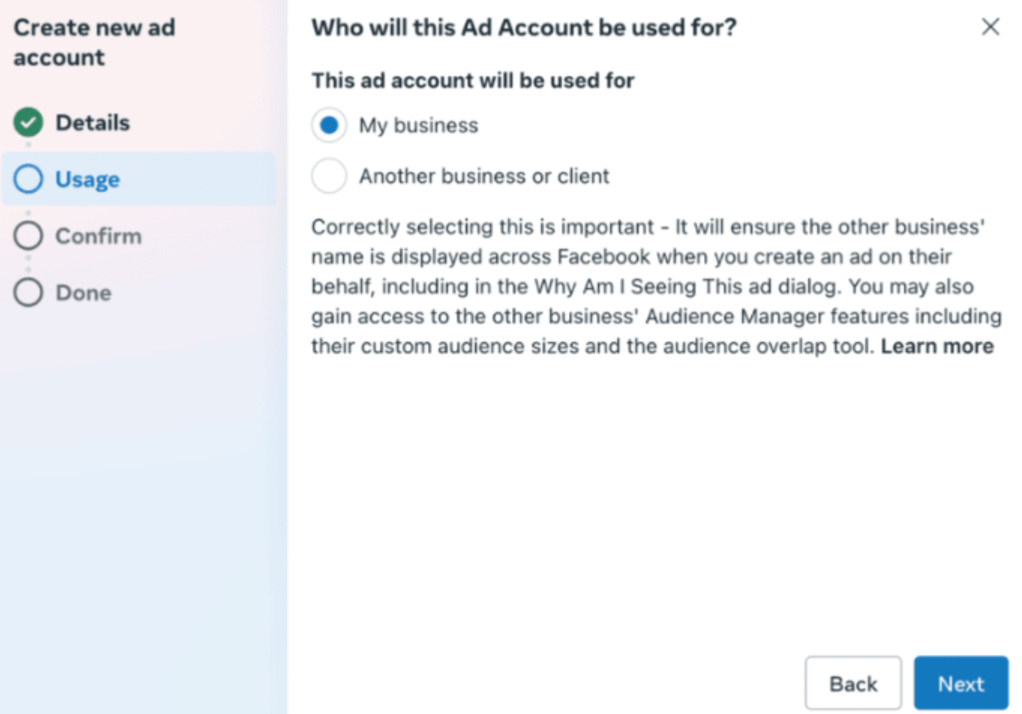 Ange användningen av Facebook Ad Manager-kontot