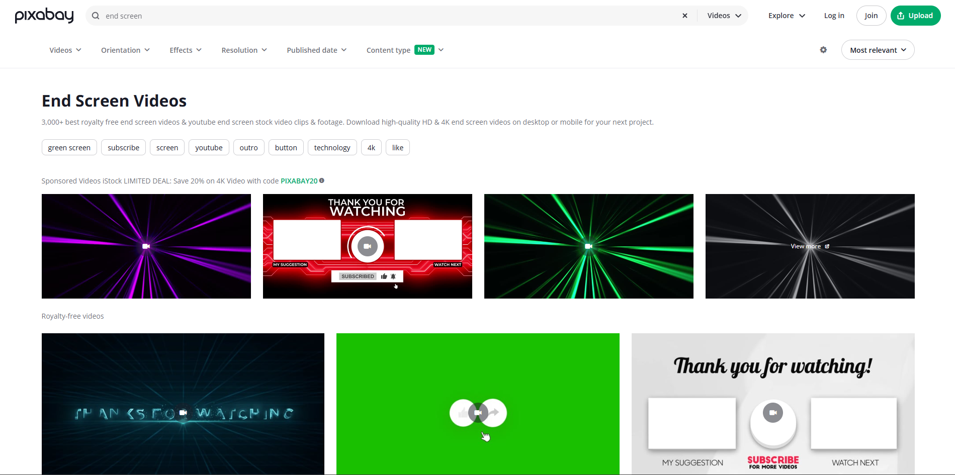 Interface de Pixabay - la ressource idéale pour les modèles d'écran de fin YouTube