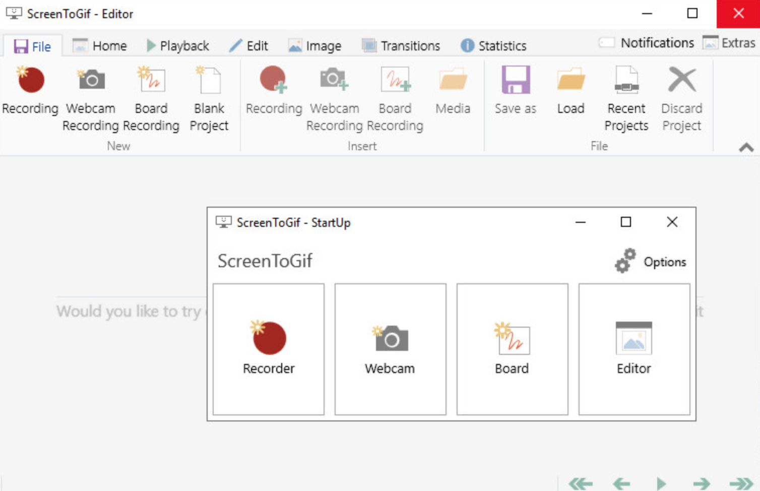 A interface do ScreenToGif - um popular gravador de tela GIF para download