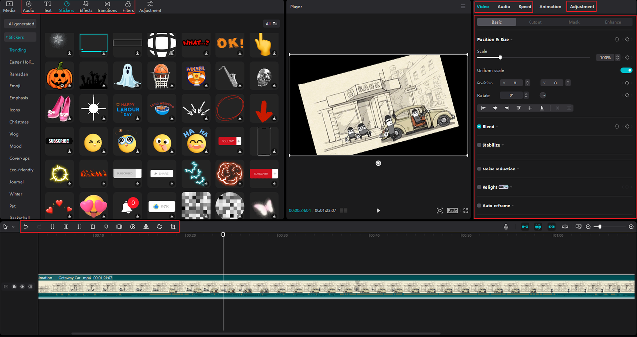 access to free media resources and basic, advanced, and AI editing features on the CapCut desktop video editor