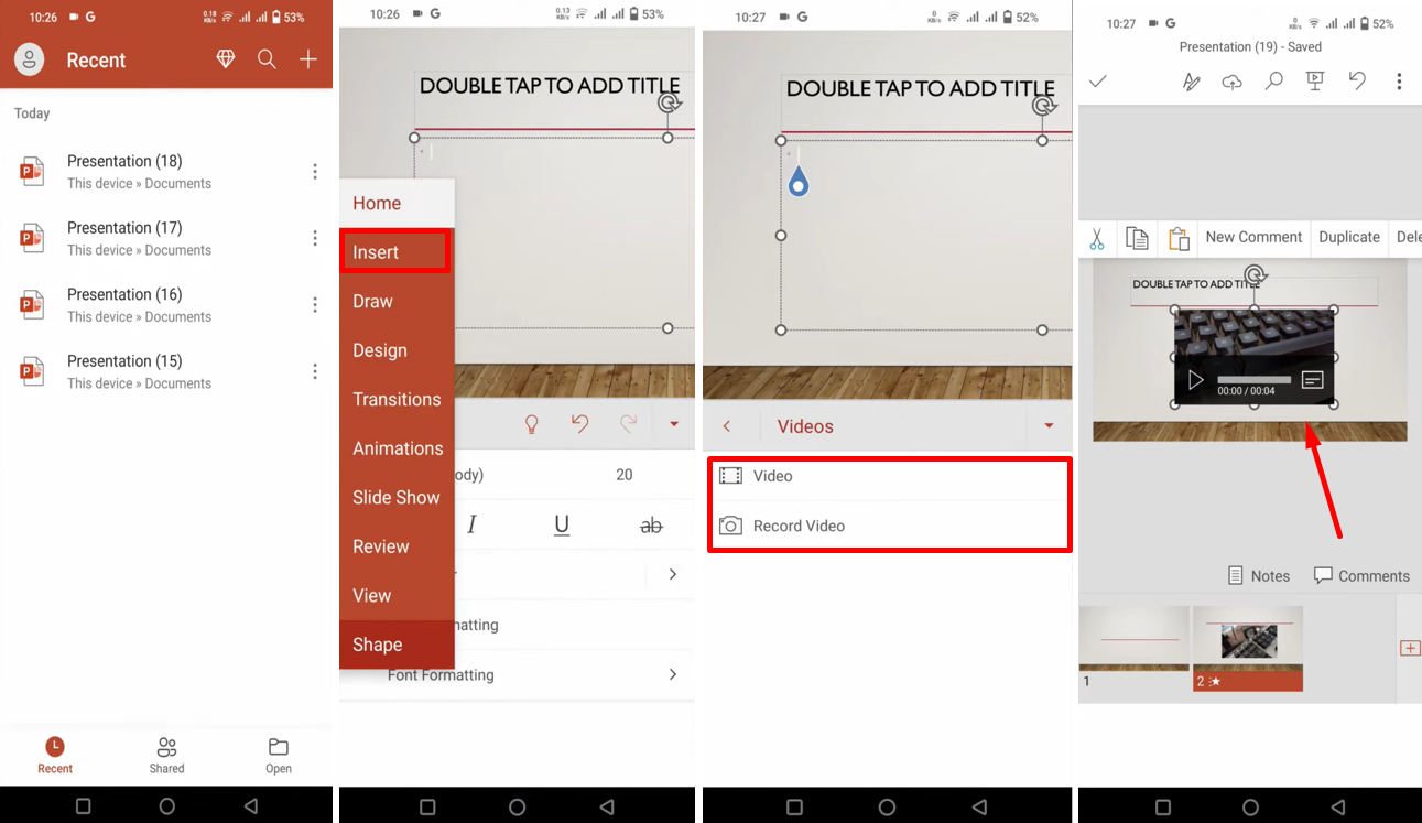 Image showing how to put a video in PowerPoint on a mobile phone
