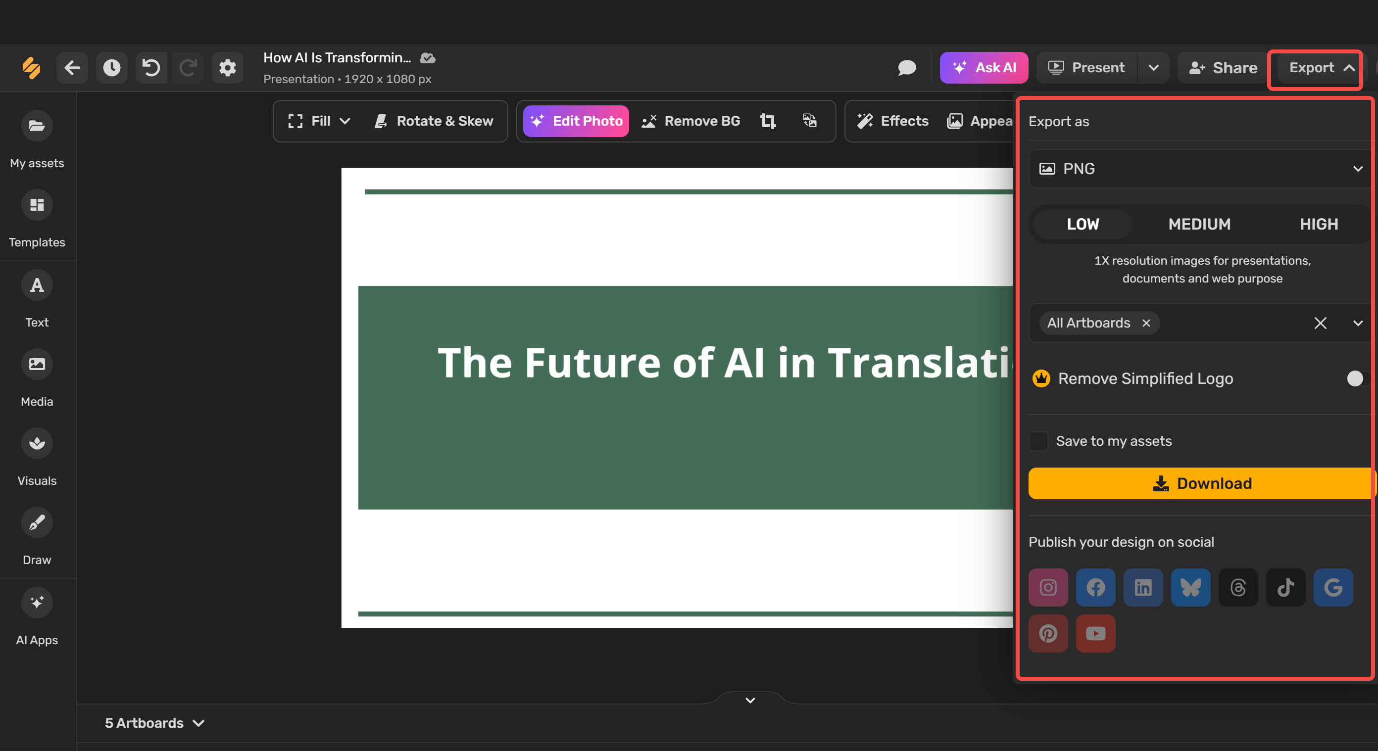 Generating slides with Simplified AI presentation maker