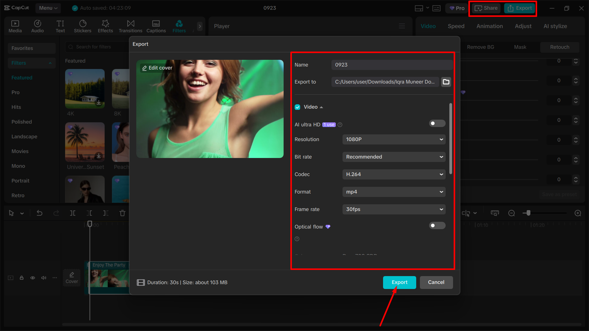 Exporting the media from the CapCut desktop video editor