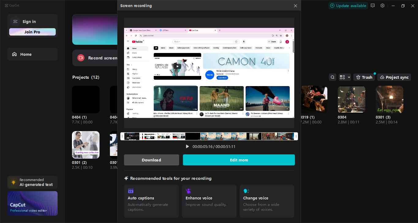 La interfaz del CapCut editor de video de escritorio: la mejor herramienta para grabar tu pantalla