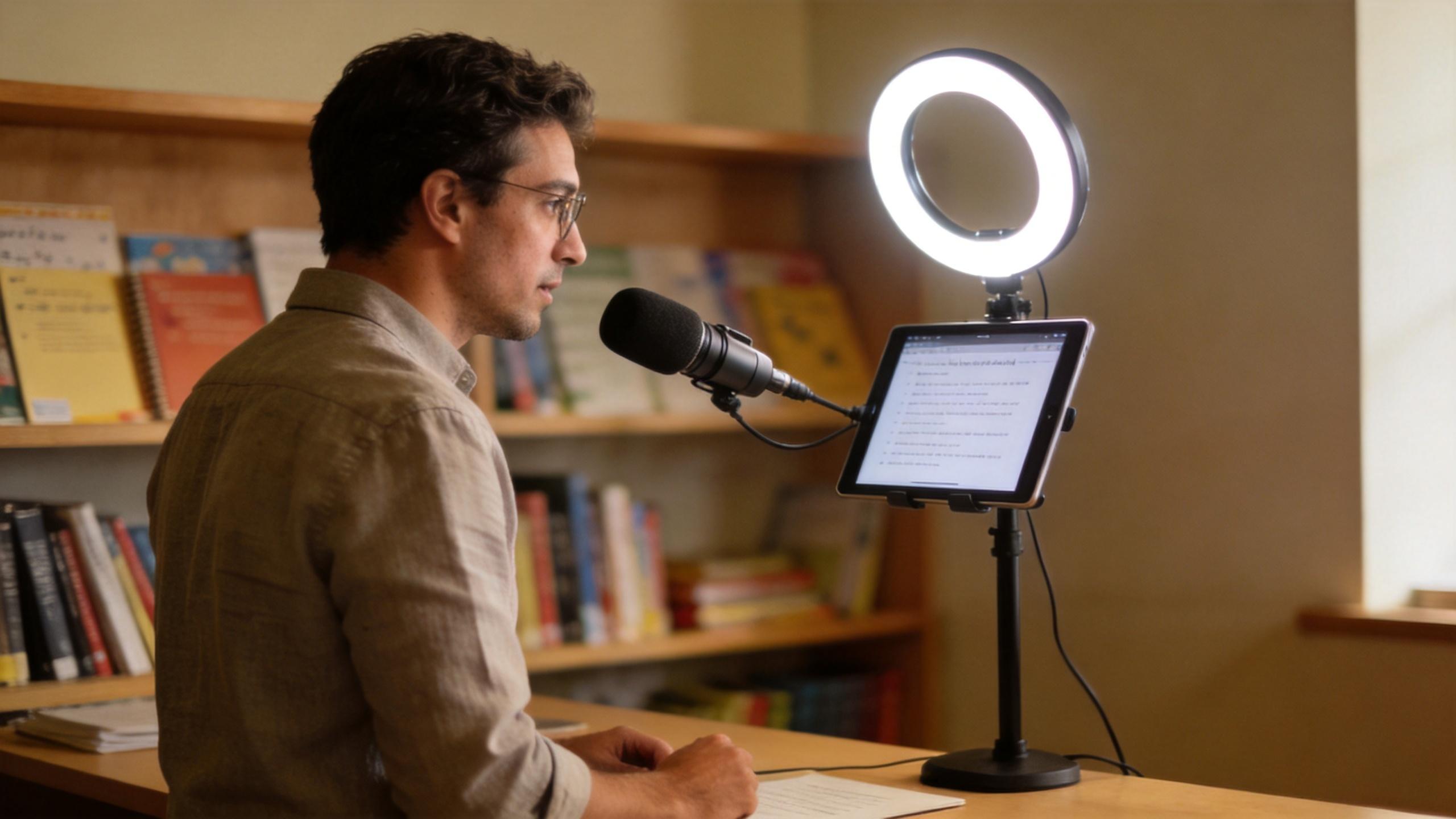Man recording a lesson with a ring light, microphone, and tablet on a stand