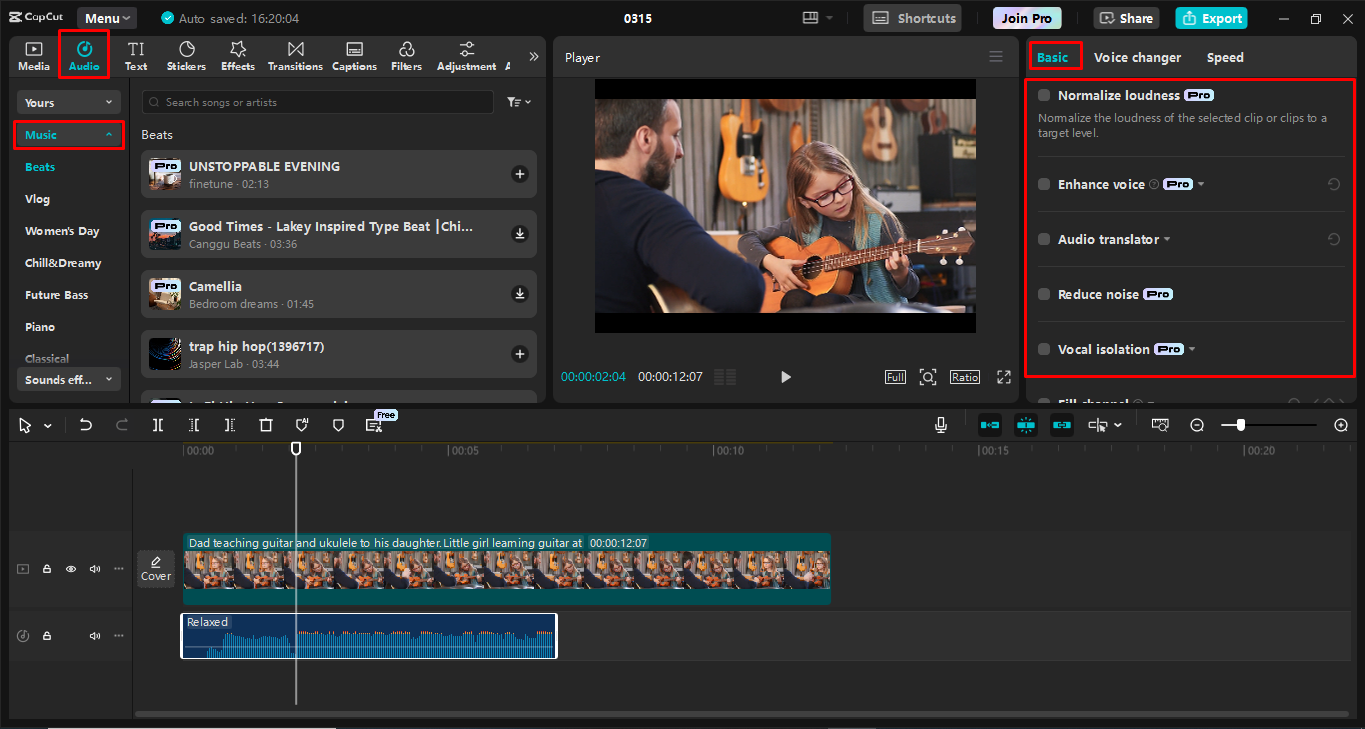 Agregar y ajustar música al video en el CapCut editor de video de escritorio