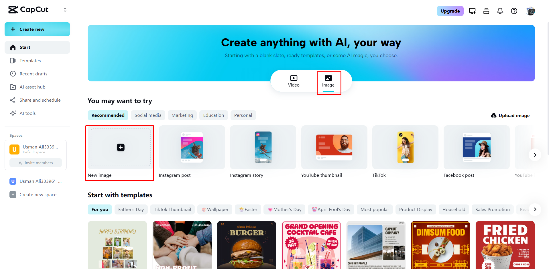 Uploading an image to CapCut Web