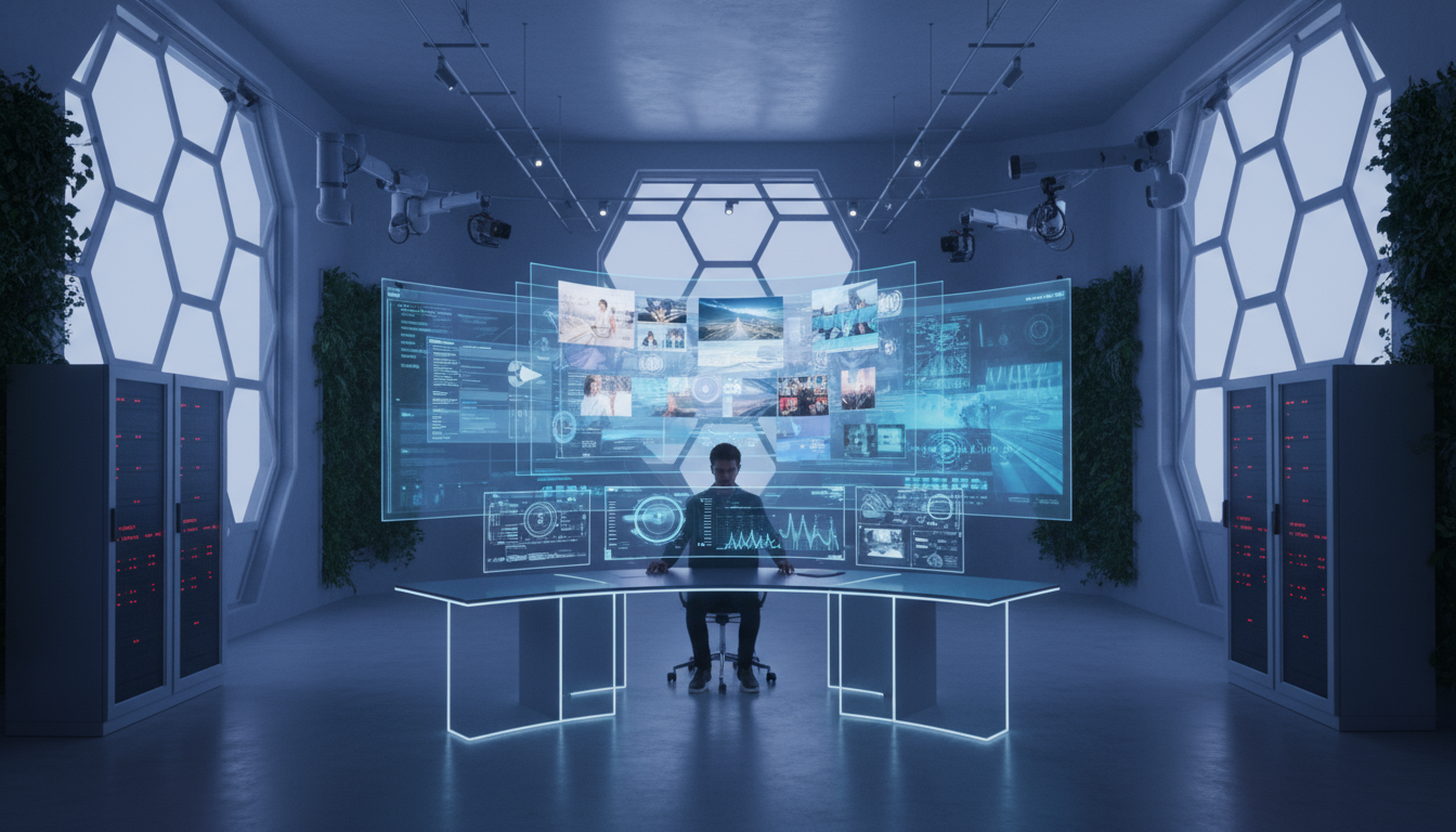 Ett AI-driven videoproducentgränssnitt som visar skapandet av en vacker video med intelligenta verktyg.