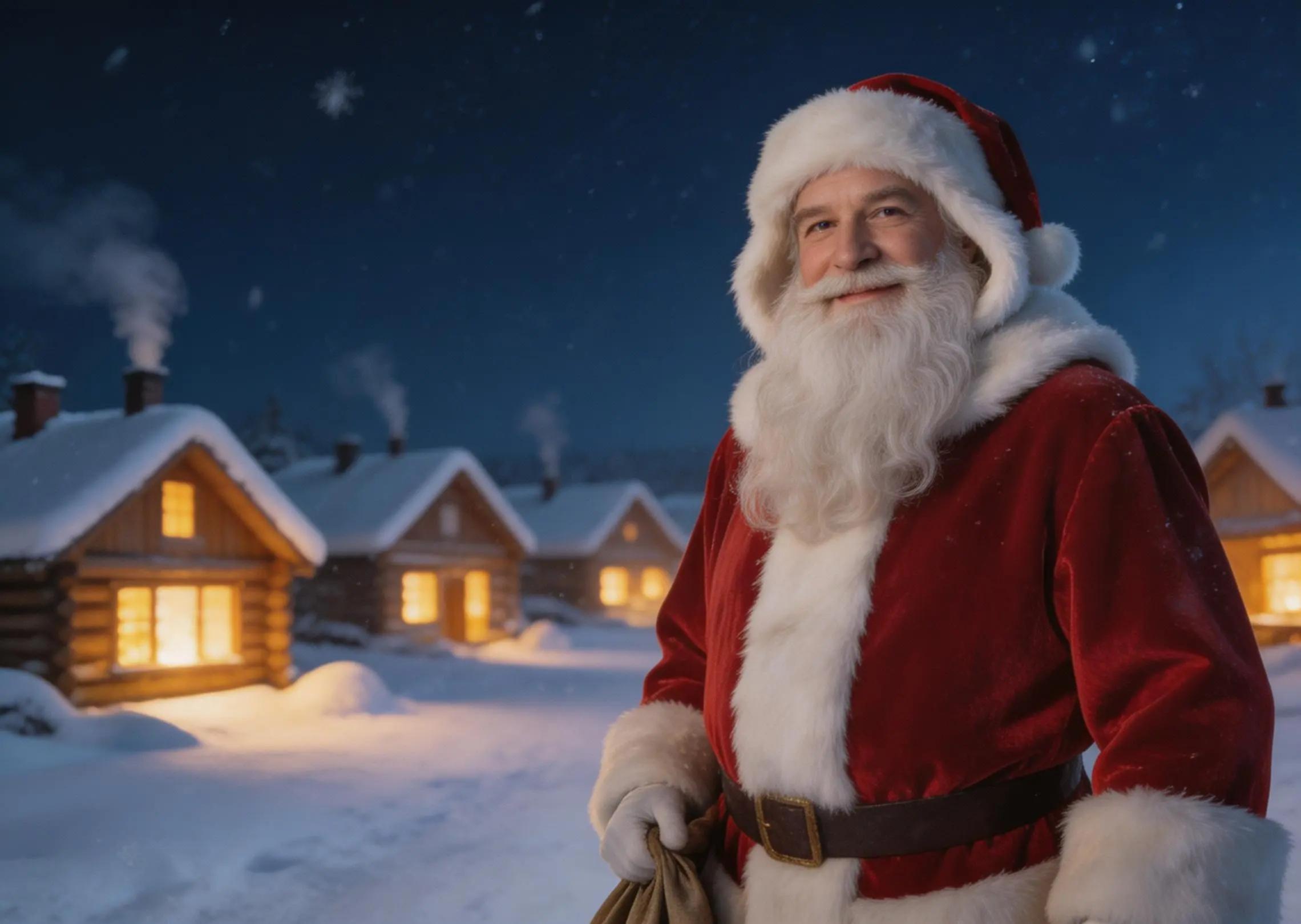 Jultomten går långsamt genom en snöig by