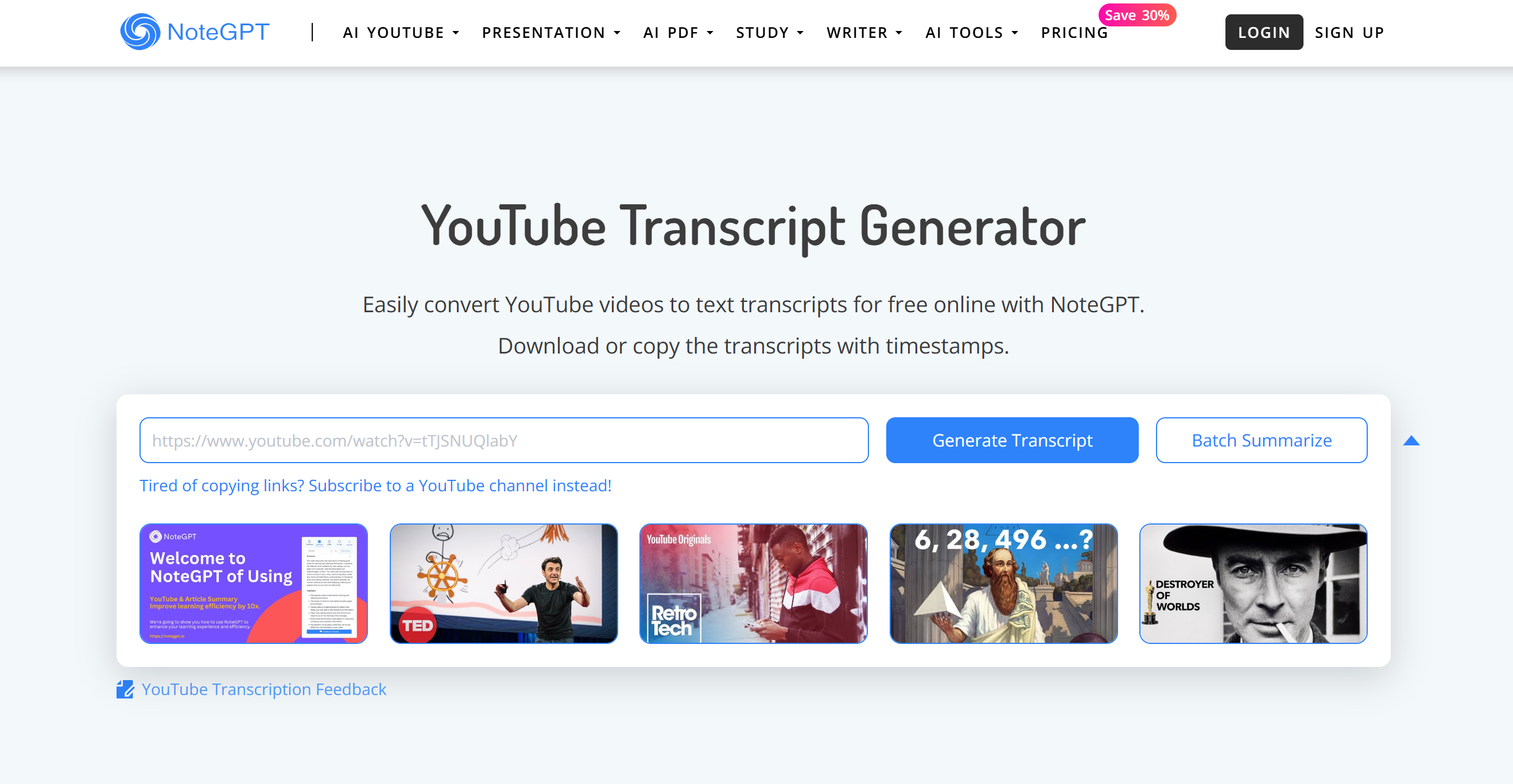 Interface do NoteGPT - a ferramenta perfeita para transcrever um vídeo do YouTube