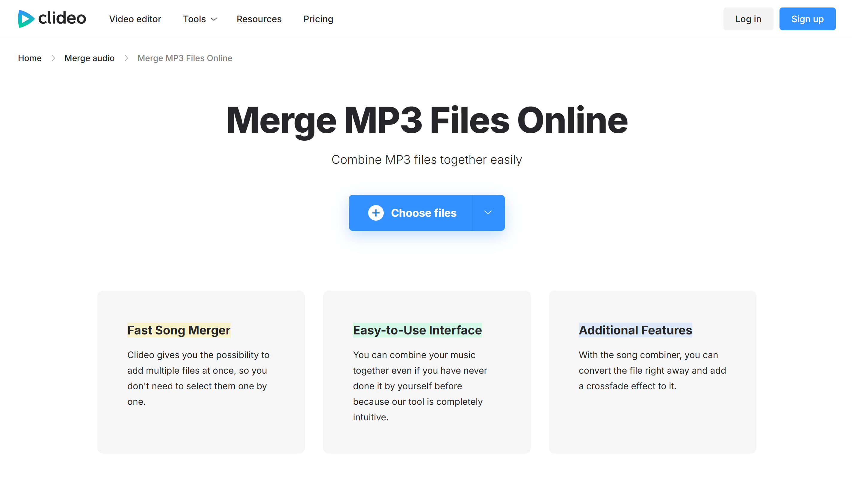 Interfaz de Clideo: un excelente combinador de MP3 en línea