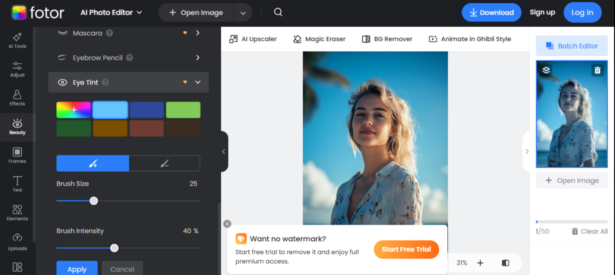 Die Schnittstelle von Fotor - dem besten Eye Color Changer Editor