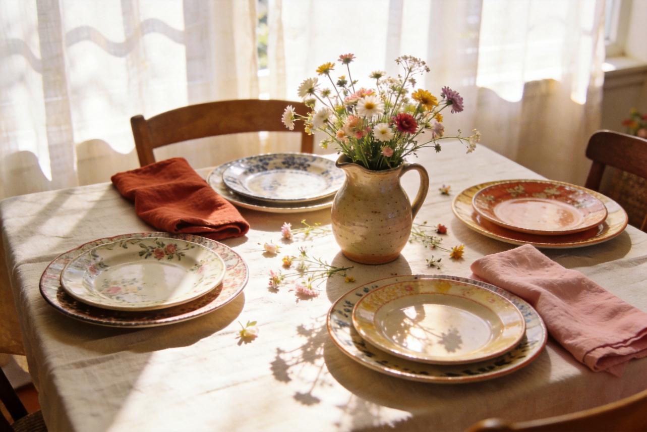 Sunlit table set with floral plates, folded napkins, and a vase of wildflowers