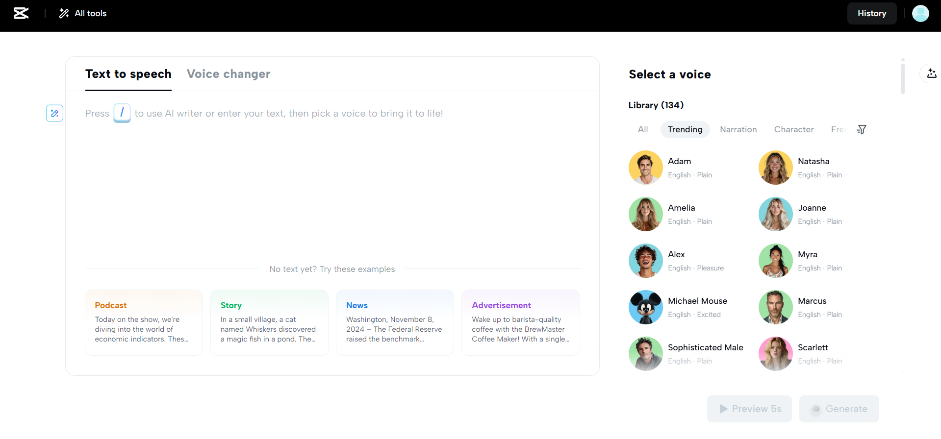 CapCut Web's text-to-AI voice tool