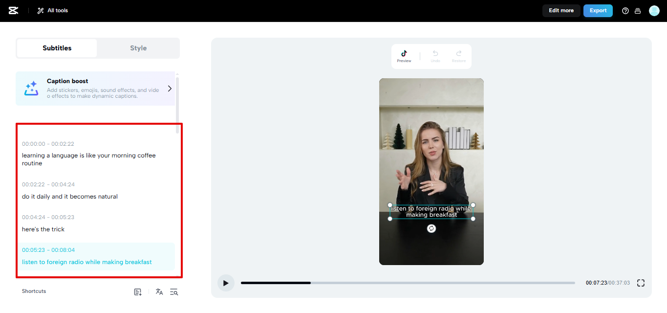 Generare de subtitrări printr-un singur clic în CapCut Web