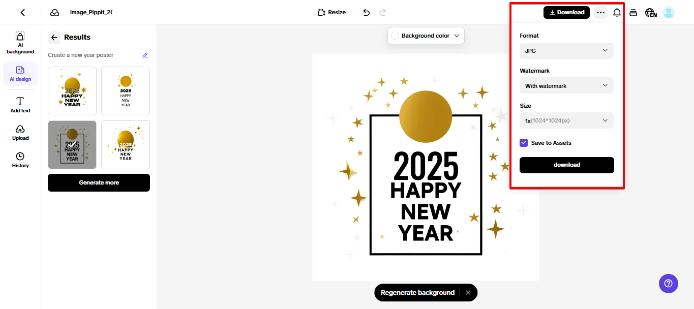 Esportazione di immagini da Pippit