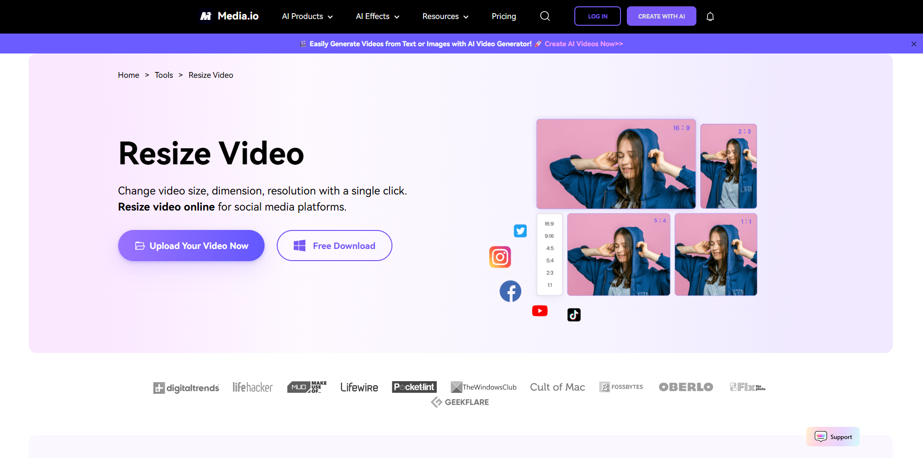 Interface ofMedia.io-別の無料オンラインMP 4ビデオリサイズツール