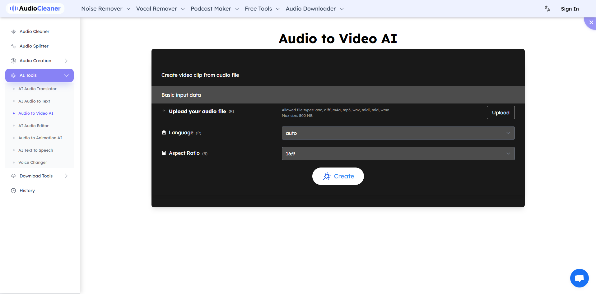 Interface of AudioCleaner - a highly accessible free AI MP3 to video generator