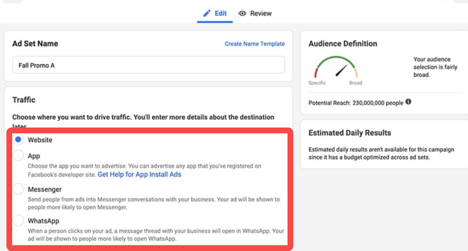Scegliere il pubblico e il budget degli annunci in Facebook Ads Manager