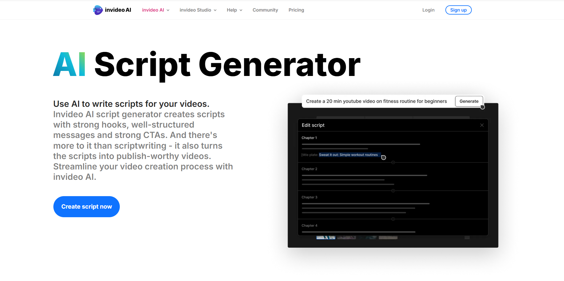 Interface of Invideo AI - an instant video script generator