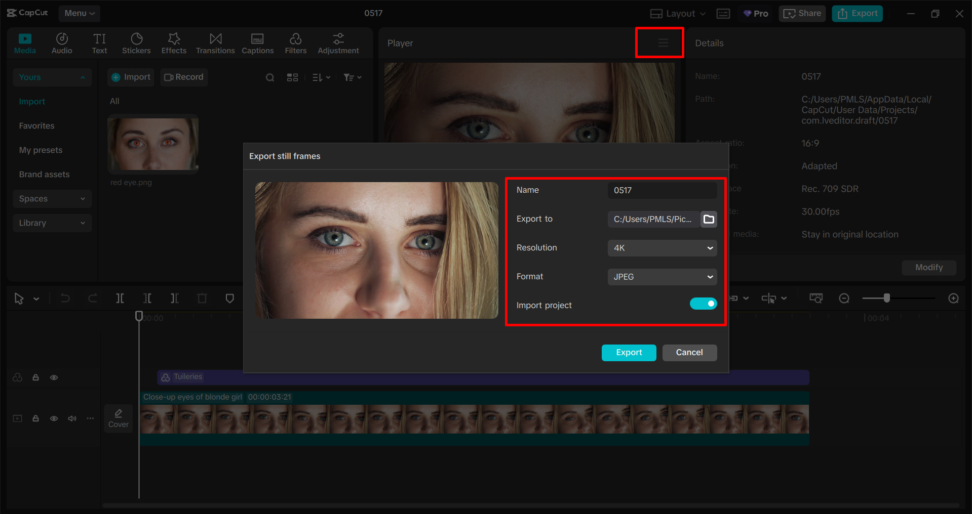 Exportar a imagem do editor de vídeo para desktop CapCut