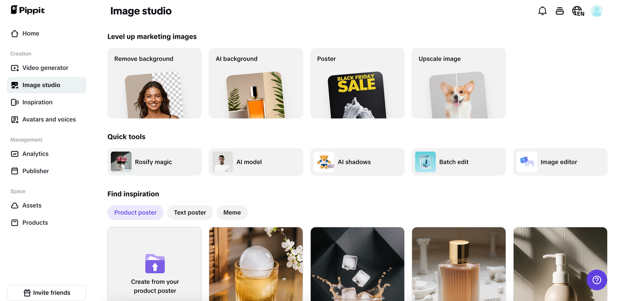 Pippit's image studio dashboard