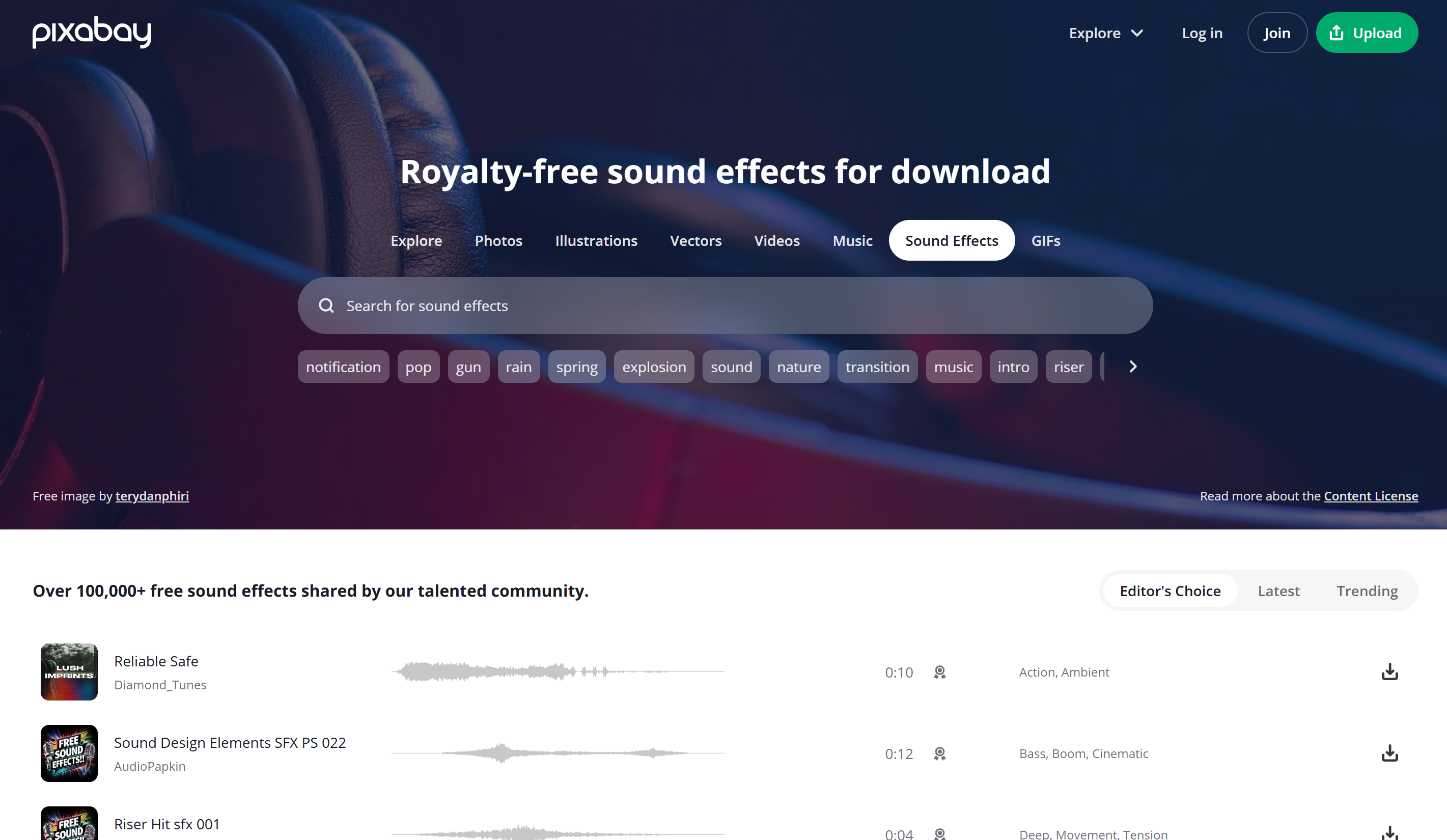 Il sito web per scaricare effetti sonori: Pixabay