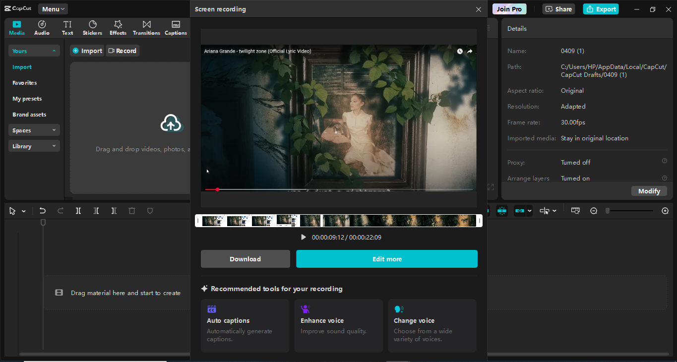 Schnittstelle des CapCut Desktop-Video-Editors - das beste Werkzeug zur Aufnahme eines Laptop-Bildschirms