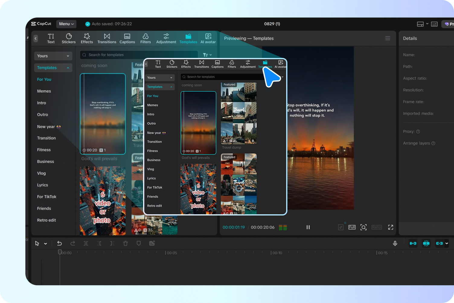 Choosing a template in CapCut's free video editor