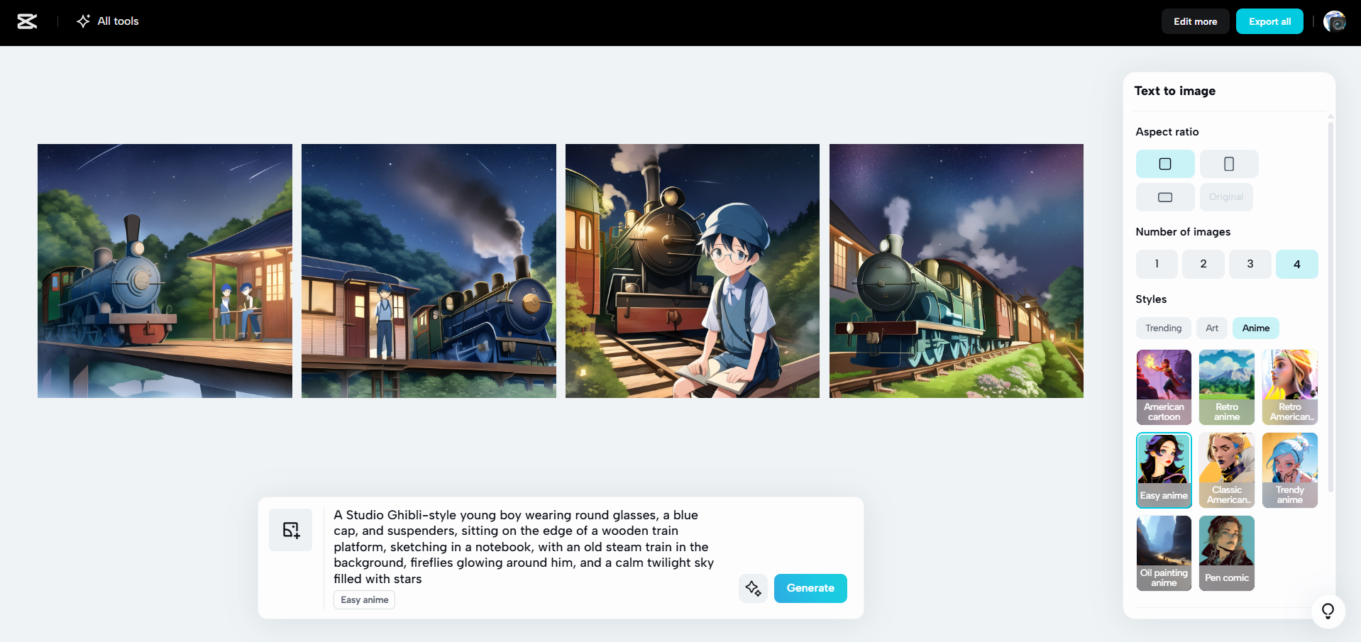 Интерфейс CapCut Web - лучший генератор изображений в стиле Ghibli с использованием AI