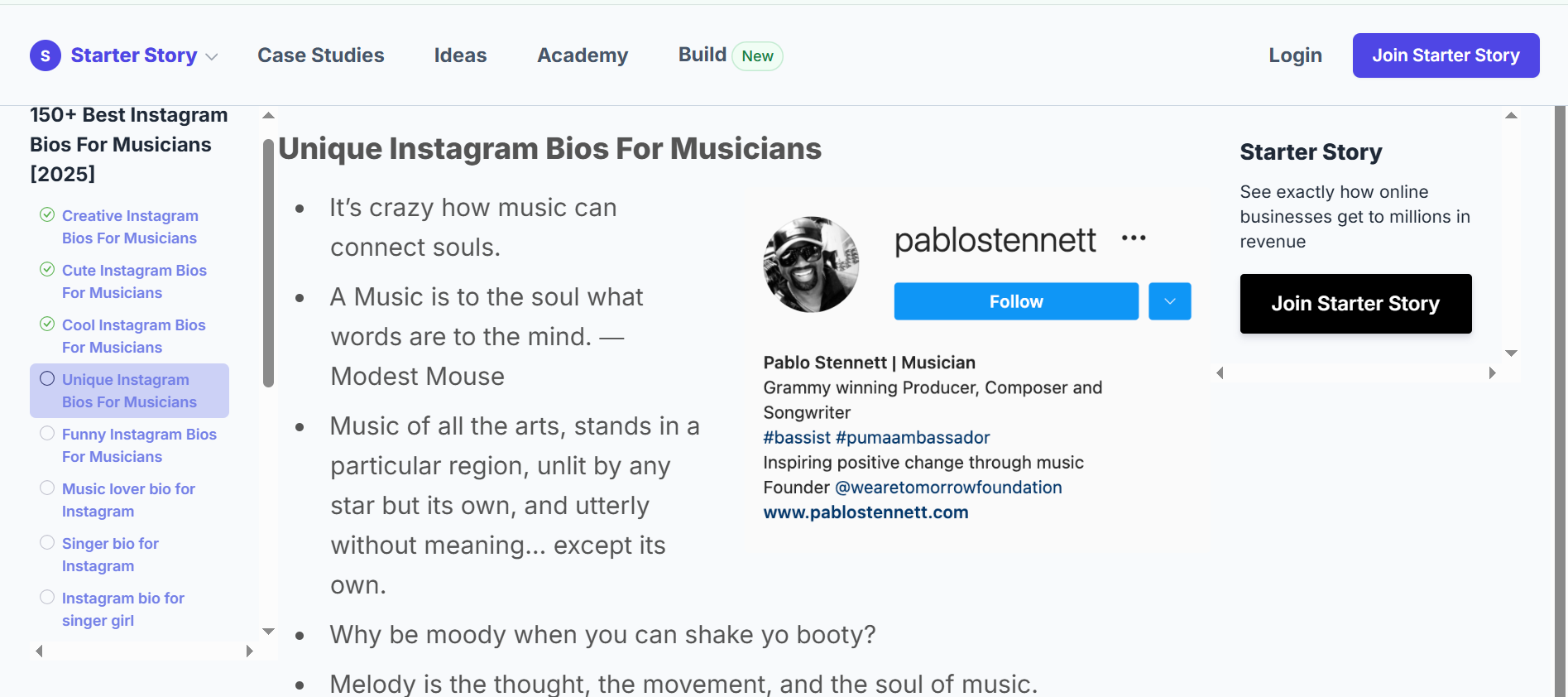 Starter Story with the musician bio for Instagram