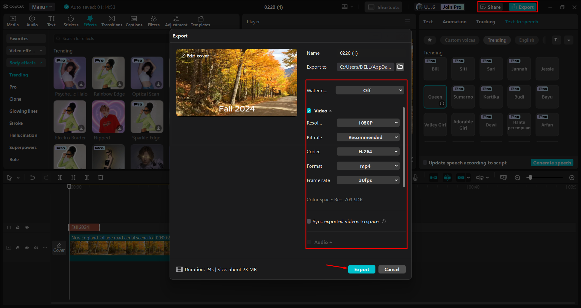 Esportazione di un video dall' CapCut editor video desktop