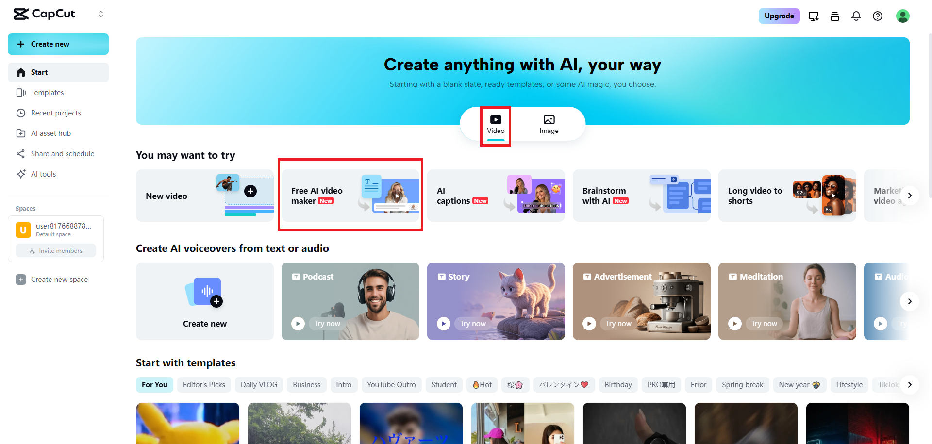 Choose the AI video maker feature