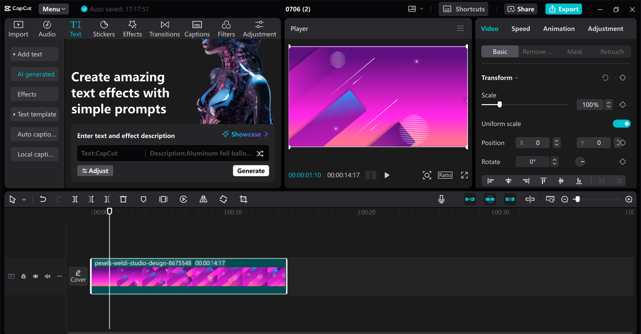 An AI text-effects prompt appears beside a purple graphic preview in the desktop editor