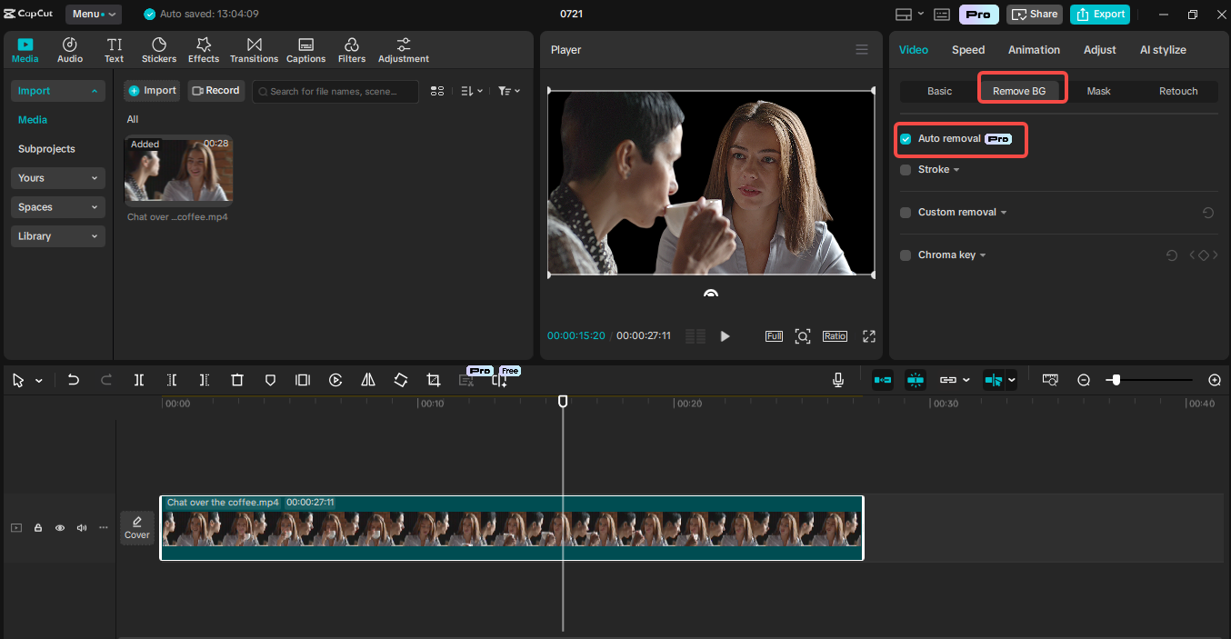 Removing the background from the video in CapCut