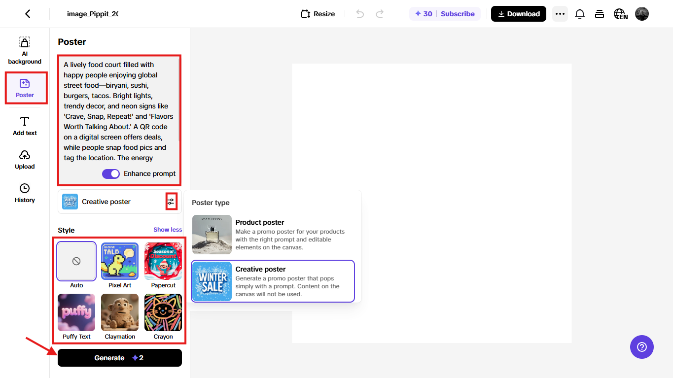 Write prompt and pick your style