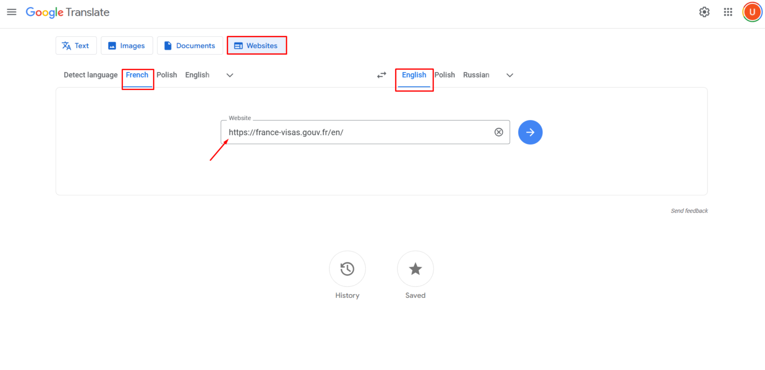 תרגום אתר מצרפתית לאנגלית באמצעות Google Translate