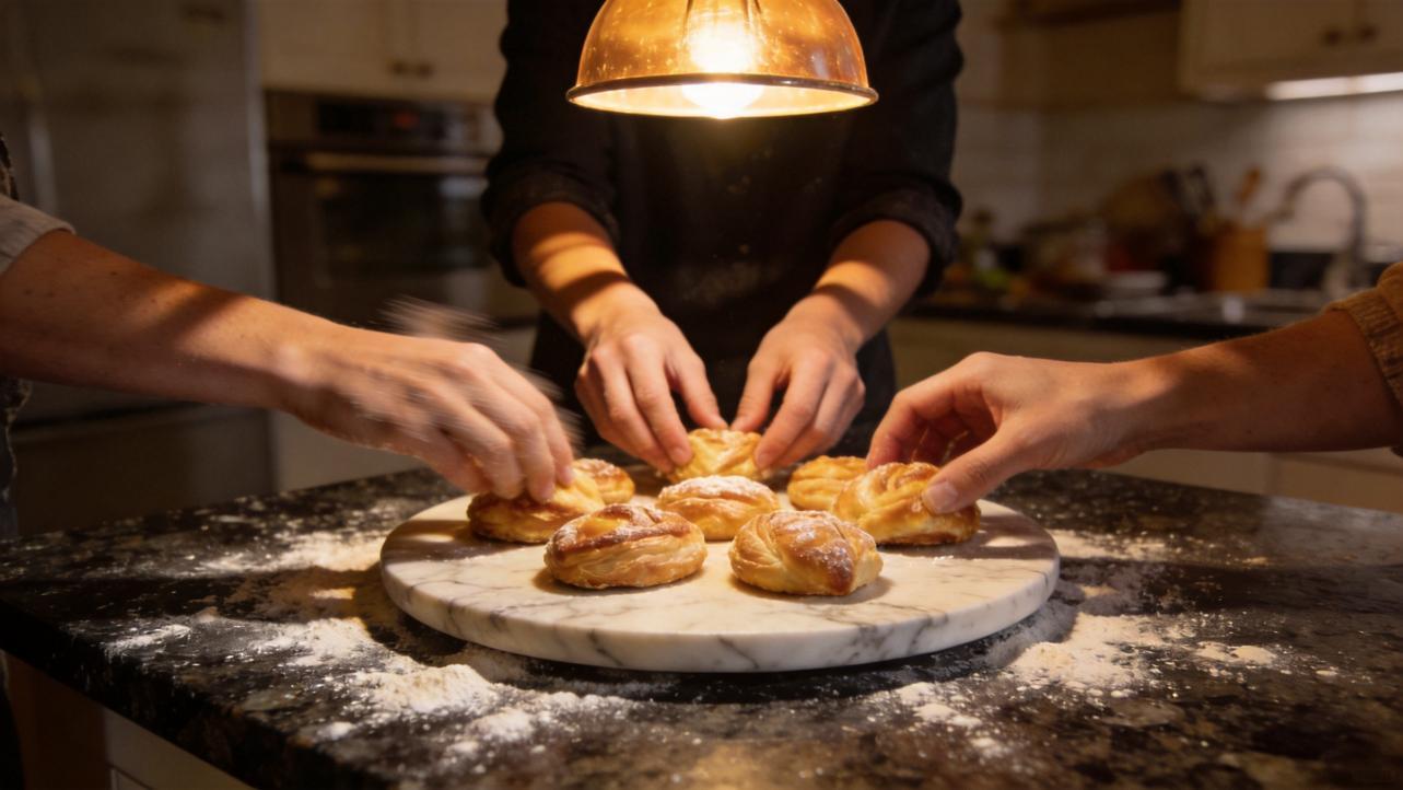 Hands reach for pastries on a marble board under a warm kitchen light.