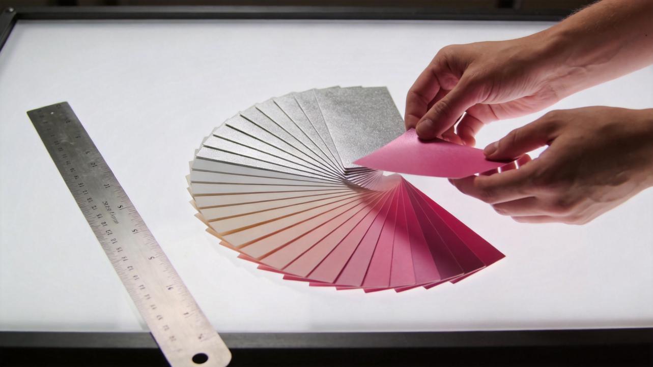 Hands fan out a metallic pink-to-silver color swatch deck beside a ruler